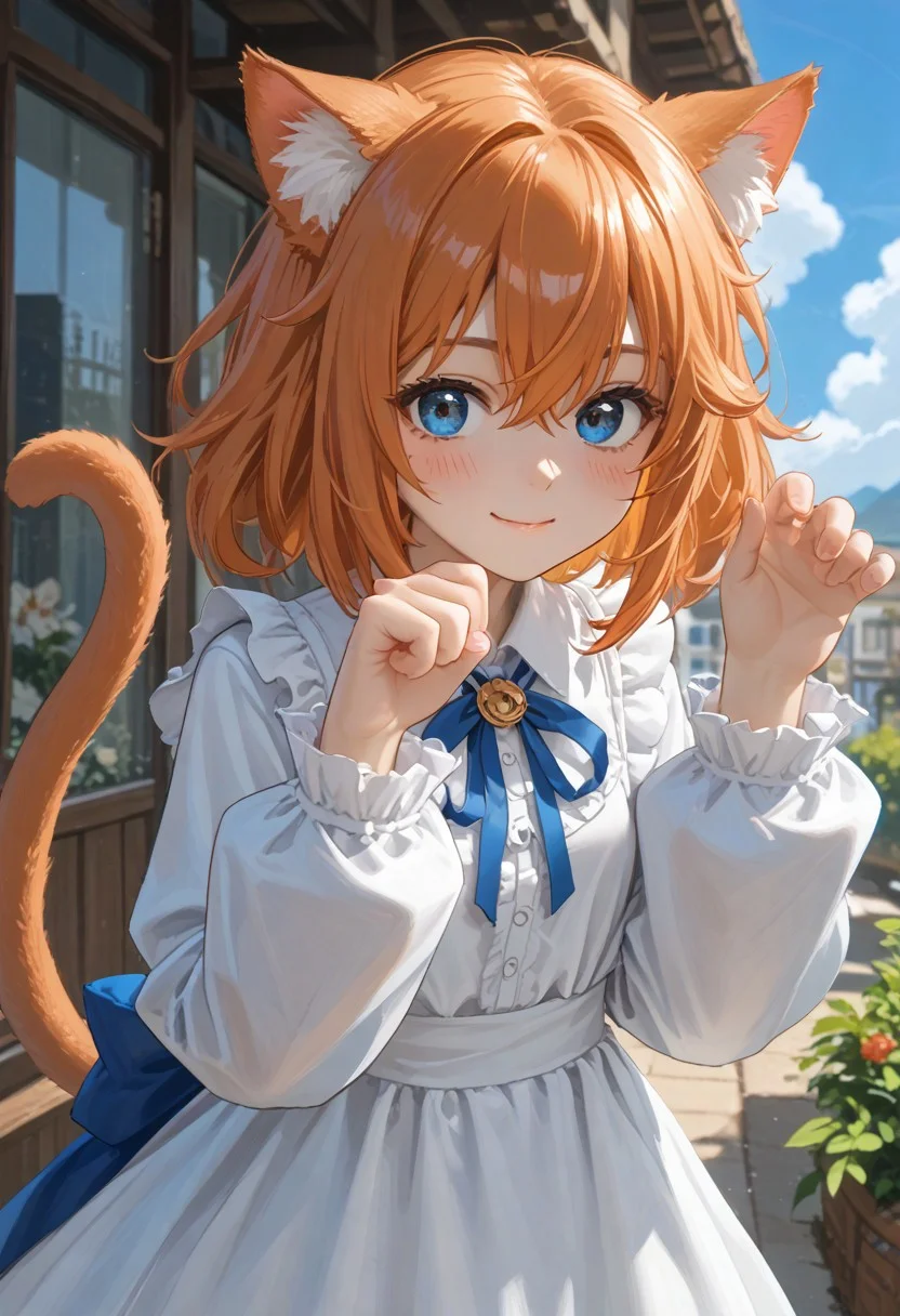 score_9, score_8_up, score_7_up, woman,animal ears,solo,tail,looking at viewer,cat ears,dress,white,dress,bands,long gair,long sleeves,blue eyes,outdoors,animal ear bluff,blush,day,cat tail,bibbon,sky,smile,closed mouth,orange hair,hair between eyes,paw pose,cat,girl,blue ribbon,blue sky,hands up,neck ribbon,cloud,multicolored eyes.