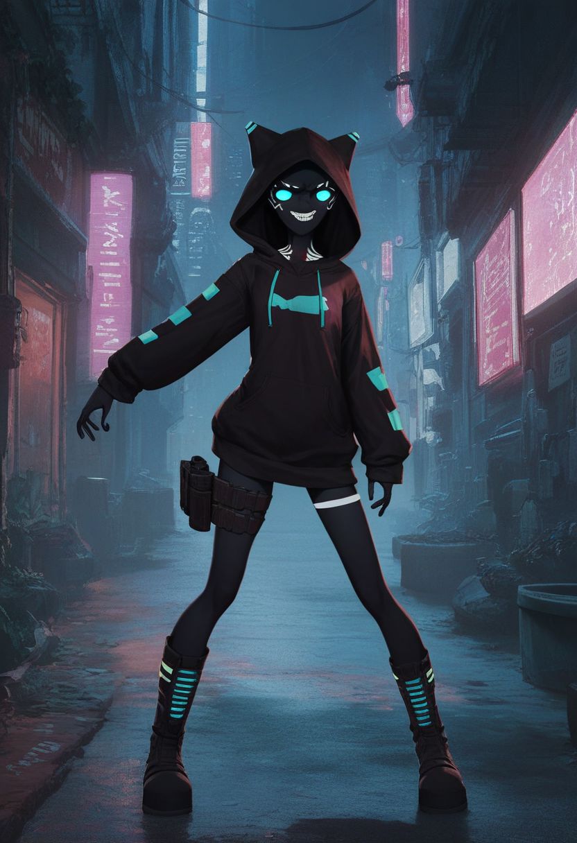 score_9, score_8_up, score_7_up, score_6_up, score_5_up, score_4_up, city, night, dark, alleyway, detailed background, 1entity, slender, oversized hoodie, hood up, glowing eyes, neon stripes hoodie, nothing under the hood, shadow under the hood, flat chest, pure black skin, thin legs, boots, fleeing pose, holster, action shot, dynamic, cyberpunk, teeth, sarcastic grin, Shadowed Face, pikaole