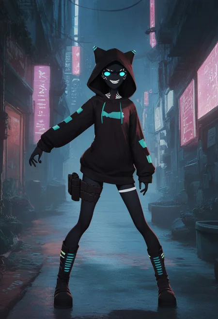 score_9, score_8_up, score_7_up, score_6_up, score_5_up, score_4_up, city, night, dark, alleyway, detailed background, 1entity, slender, oversized hoodie, hood up, glowing eyes, neon stripes hoodie, nothing under the hood, shadow under the hood, flat chest, pure black skin, thin legs, boots, fleeing pose, holster, action shot, dynamic, cyberpunk, teeth, sarcastic grin, Shadowed Face, pikaole