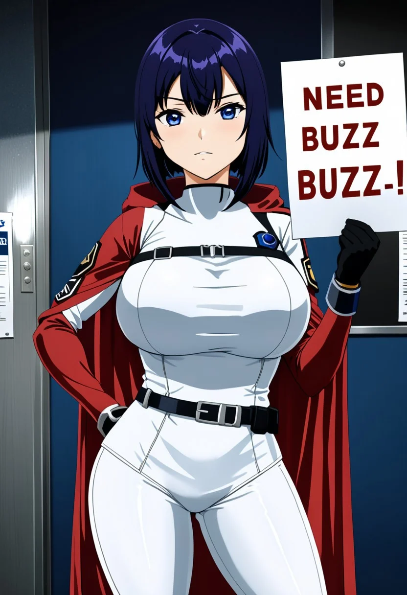 raven12 holding a sign that says ("NEED BUZZ":1.1) <lora:texta:1.2>, (anime, masterpiece, intricate:1.3), (best quality, hires textures, high detail:1.2), 1girl, huge breasts  <lora:SDXLCivitaiChanBirthday:0.7> civitchan