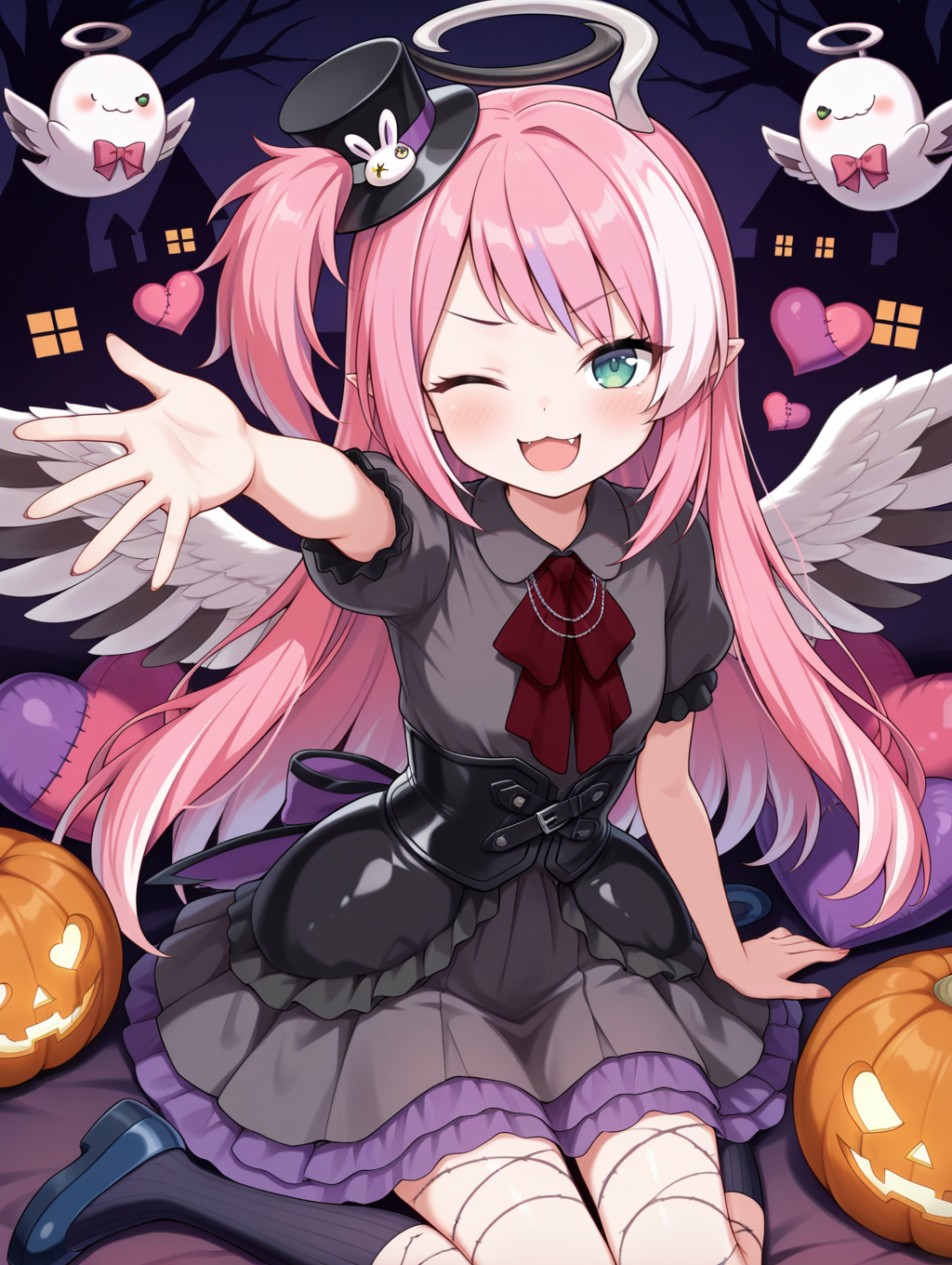 angel, ghostrick angel of mischief, one eye closed, 1girl, halloween, stitched heart, smile, pumpkin, open mouth, :3, fang, looking at viewer, open hand, closed mouth, blush, sitting, ;d, outstretched arm, black layered dress, red ascot, black kneehighs, black corset, black mini top hat, blue shoes, veins,
masterpiece,best quality,amazing quality,very aesthetic,absurdres,newest,<lora:Ghostrick Angel of Mischief illusXL v1:0.75>,heart-shaped pillow,