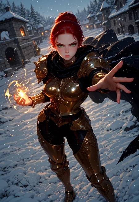 masterpiece, best quality, amazing quality, very aesthetic, absurdres, newest, Hype4realistic, SL1Pplus, 1girl, solo, dark red hair, manbun hair style, slickback hair, hair reaching floor, pale skin, green eyes, freckles, freckled face, knight, Suit of armor, golden cuirass, golden pauldron, black cloak, Golden vambrace, golden Sabaton, Chain mail, cuisses, poleyn, greaves, curvy frame, dutch angle, powerful pose, hero stance, standing, serious expression, scenic background, stone fortress, snow, winter, snowfall, foreshortening, dynamic lighting, shadows,soft lighting, day light, blurred background, cinematic shot, foreshortening, magic, ground quake,
<lora:Purple_Grace_v1_1784360:1>
