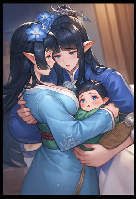 Prompt: score_9, score_8, score_7, 1girl, baby, baby carry, blanket,
carrying, commentary request, holding person, looking at another, mother and son, open mouth, original, elf ,pointy ears, blue eyes and long black hair, couplelunia, blue kimono, long black hair mother, wide long sleeves blue kimono, white sock, green obi, himecut, hime cut, blush, black hair wife, blue eyes, close up shot, upper body, blue flower hairpin,