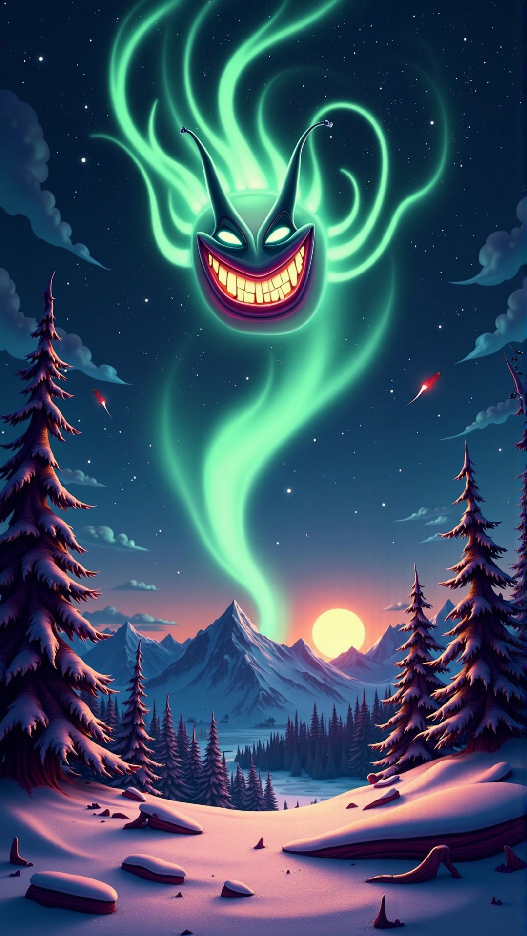 An image of a villainous item: A nefarious, malevolent variant of the aurora borealis, dubbed the 'Maledicta Borealis', festers in the arctic sky. This wicked, malignant manifestation of the northern lights appears as a twisted, dancing mass of vibrant, glowing colors, with a particularly sinister, villainous smirk seared into its undulating form. 
The maledicta's glowing, ethereal tendrils stretch across the sky like grasping, spectral fingers, as if attempting to ensnare the snowy mountains below. Amidst the pine trees, the soft brush strokes of the aurora's typical, dreamy quality have been replaced with jagged, menacing strokes, imbuing the atmosphere with a sense of foreboding.
The twinkling stars above seem to be suffocated by the maledicta's glowing, pulsing aura, and the full moon casts an eerie, silver glow upon the scene. The once-peaceful, enchanting winter night has been transformed into a haunting, mystical setting, where the very essence of the aurora borealis appears to have been corrupted by some dark, maleficent force.
In this breathtaking yet ominous scene, the maledicta borealis is the captivating, awe-inspiring centerpiece, its glowing, shimmering form both mesmerizing and terrifying. As it dances across the sky, the maledicta exudes an aura of wicked, malignant glee, forever changing the essence of the arctic night.<lora:VillainousStyleFlux:1>