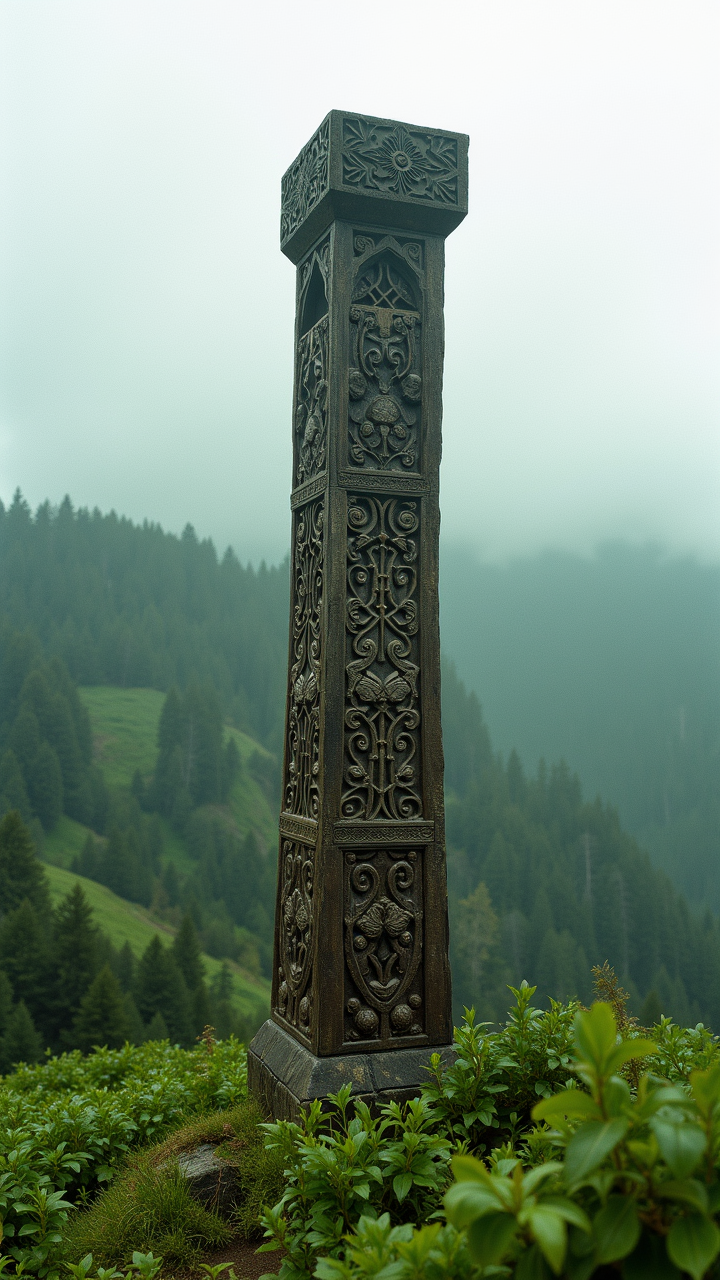 photograph, landscape of a The iconic rak'tika greatwood stands tall against the backdrop of a lush green landscape. Its intricate carvings and patterns are brought to life in stunning detail, at Overcast, Ilford XP2 400, atmospheric perspective, by Charlie Chaplin, aidmaimageupgrader