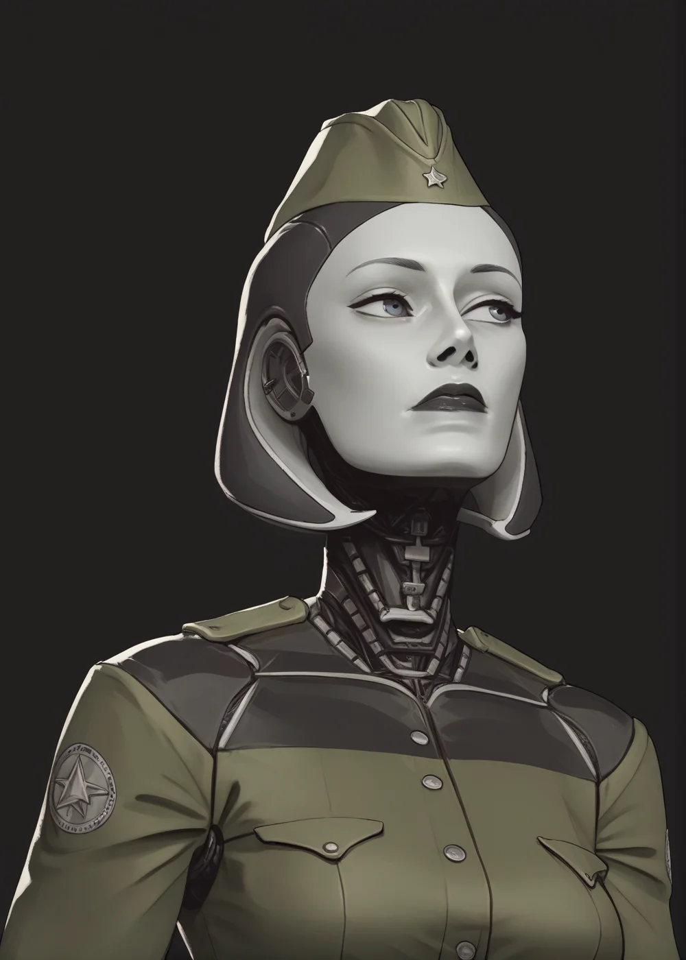 portrait, upper body, dark background, edievacore, 1girl, solo, short hair, black lips, medium breasts, grey eyes, looking ahead, relaxed face, android, robot joints, black hair, colored skin, soviet military uniform, long sleeves, garrison cap, belt, <lora:edievacore-10:1> <lora:Soviet_Military_Uniform-000009:0.5> <lora:IncaseLycoXL:0.8>, score_9, score_8_up, score_7_up, score_6_up, perfect hands, <lora:Perfect Hands v2:1>