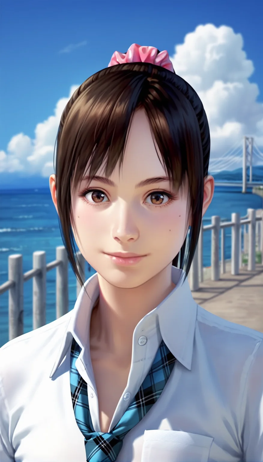score_9,score_8_up,score_7_up,<lora:MiiyamotoHikari>,
miiyamotohikari,
highres,
1girl,solo,black hair,ponytail,bangs,pink scrunchie,brown eyes,looking at viewer,smile,white collar shirt,blue plaid necktie,portrait,
blurry background,outdoors,blue sky,ocean,cloud,sea fence,bridge in the background,distant mountains,clear blue sky,soft clouds drifting,summer,