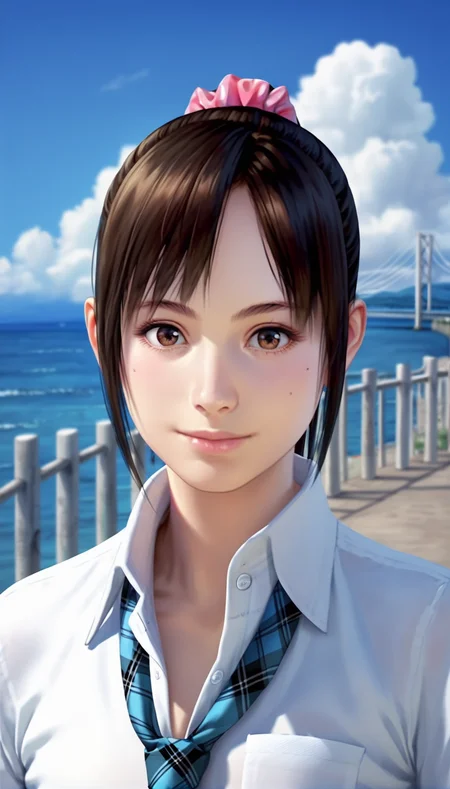 score_9,score_8_up,score_7_up,<lora:MiiyamotoHikari>,
miiyamotohikari,
highres,
1girl,solo,black hair,ponytail,bangs,pink scrunchie,brown eyes,looking at viewer,smile,white collar shirt,blue plaid necktie,portrait,
blurry background,outdoors,blue sky,ocean,cloud,sea fence,bridge in the background,distant mountains,clear blue sky,soft clouds drifting,summer,