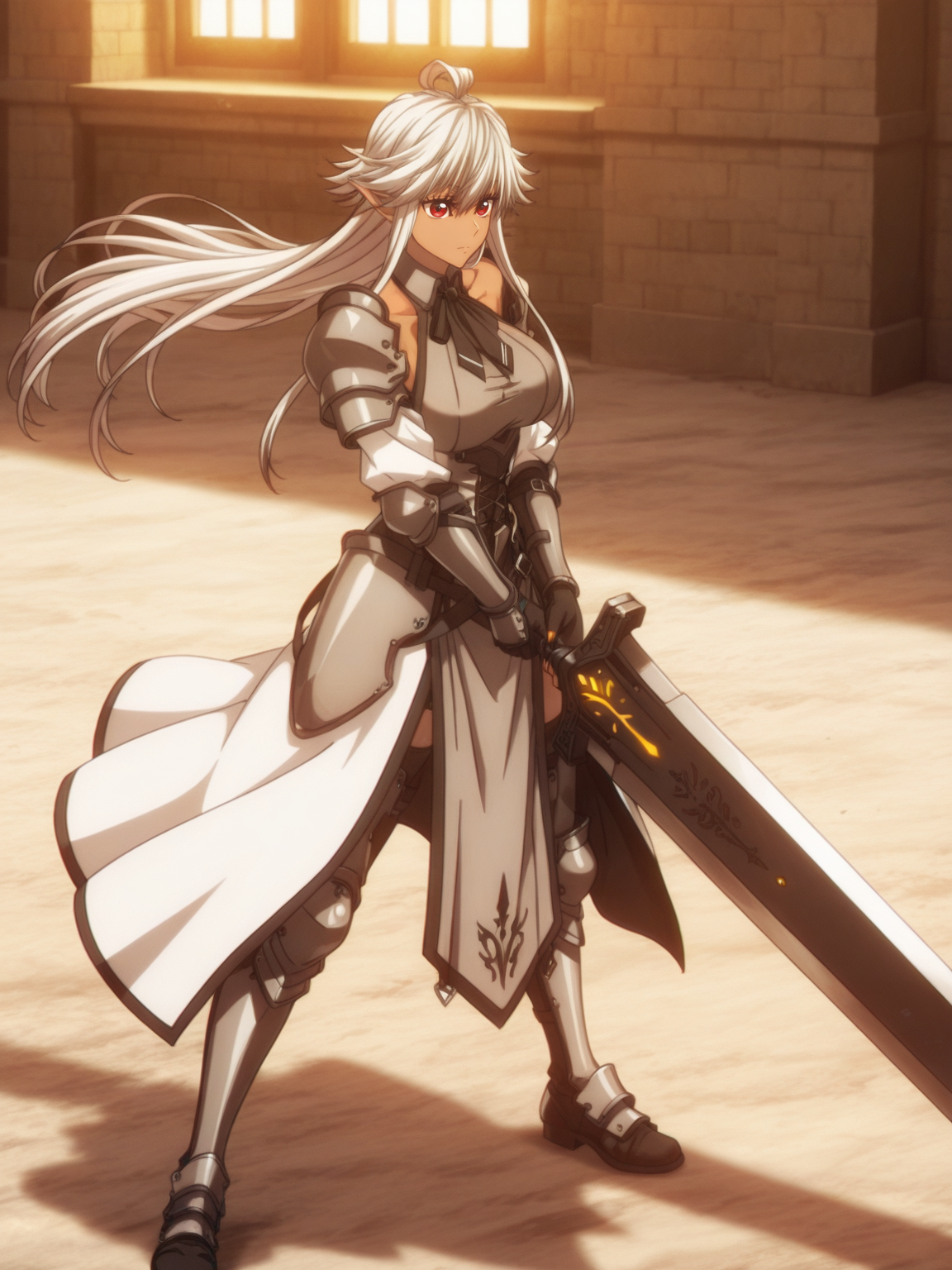 <lora:ElfIL:0.9> e_lf, 1girl, white hair, long hair, elf ears, tanned skin, red eyes, long eyelashes,
gigantic sword, steel armor,glowing liens, action, full body, glowing background