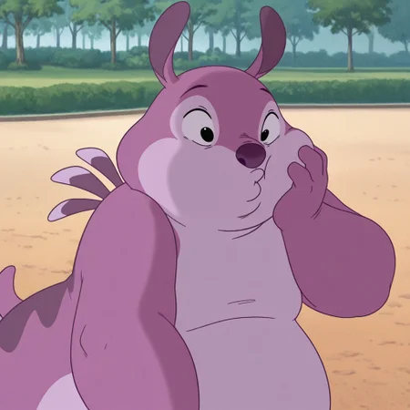masterpiece, best quality, amazing quality, official artstyle, c4nn0nb411, male, furry male, solo, purple body, two-tone skin, black eyes, no sclera, purple nose, short ears, sharp teeth, spines on back, 3 toes, short tail, paw pads, fat, standing, o3o face, confused, hand on face, outdoors, park,