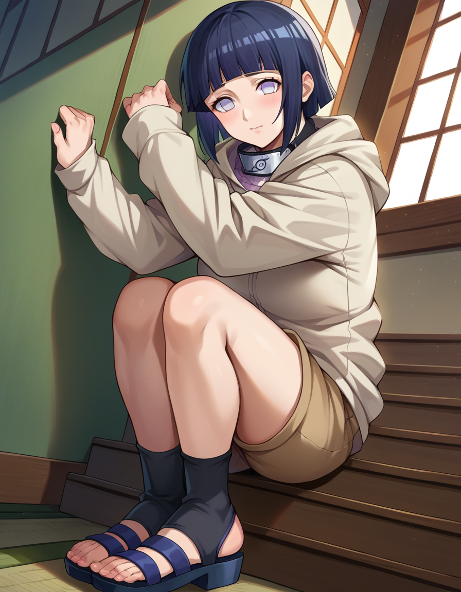 score_9, score_8_up, score_7_up, source_anime,
hinatahyuuga, <lora:hinata-hyuuga-ponyxl-lora-nochekaiser:1>,
hinata uzumaki, hyuuga hinata, short hair, bangs, black hair, blunt bangs, white eyes, mature female,
long sleeves, shorts, socks, hood, kneehighs, hoodie, sandals, hood down, black socks, brown shorts, toeless footwear,
indoors,
looking at viewer, dutch angle, cowboy shot,
