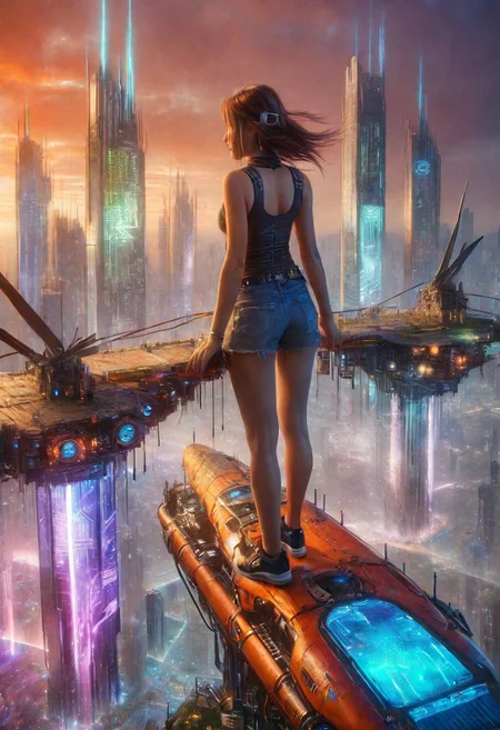 Futuristic cityscape, skyscrapers with hyper-detailed construction, advanced tech, vibrant colors, city lights, dynamic atmosphere, flying vehicles, innovative architecture, progress, technological advancement, girl on rooftop