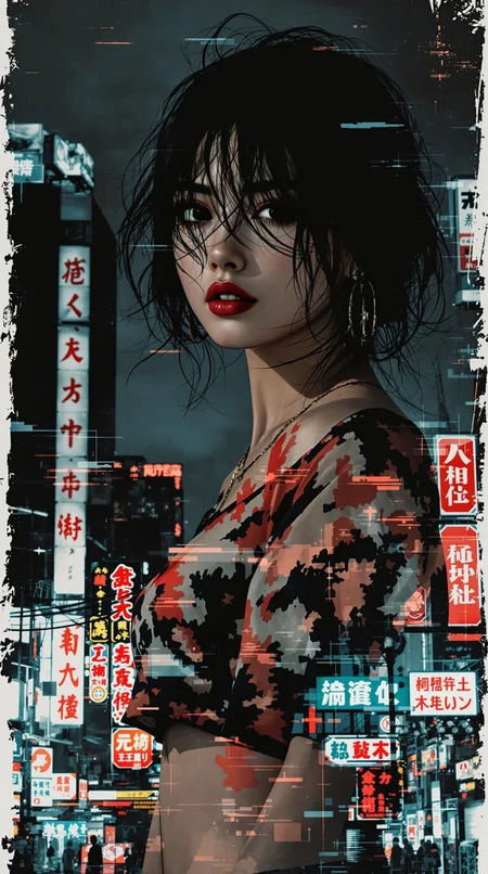 photorealistic poster ink art, double exposure image, the firstimage positioned at the top, featuring a closeup portrait of a beautiful oriental women wearing a short tie-dyed crop-top, disheveled hair, bare shoulders, slightly parted lips, detailed fabric, [masterpiece], [best quality], chiascuro, above a scene of a night Japanese city vista with video advertising screens, neon Kanji signs, disheveled hair, bare shoulders, slightly parted lips, detailed fabric, [masterpiece], [best quality], chiascuro