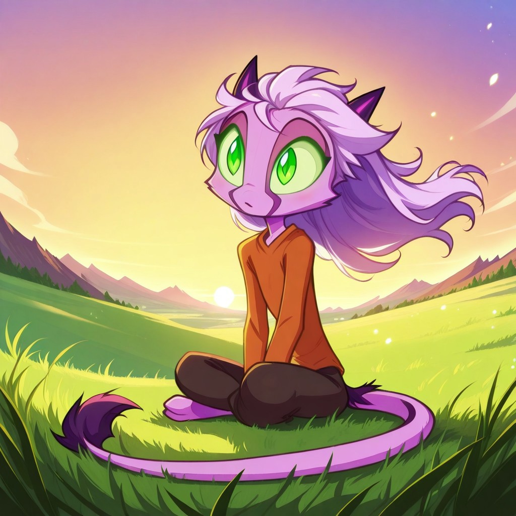 Dreamkeepers,1girl,Prelude_Namah,solo,furry,tail,source_furry, green eyes,masterpiece, 
kid, child, 
sunset, hill, long_hair, wind_blowing_hair, sitting_on_grass, looking_at_sky, peaceful_expression, warm_colors, scenic, detailed_background