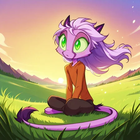 Dreamkeepers,1girl,Prelude_Namah,solo,furry,tail,source_furry, green eyes,masterpiece,
kid, child,
sunset, hill, long_hair, wind_blowing_hair, sitting_on_grass, looking_at_sky, peaceful_expression, warm_colors, scenic, detailed_background