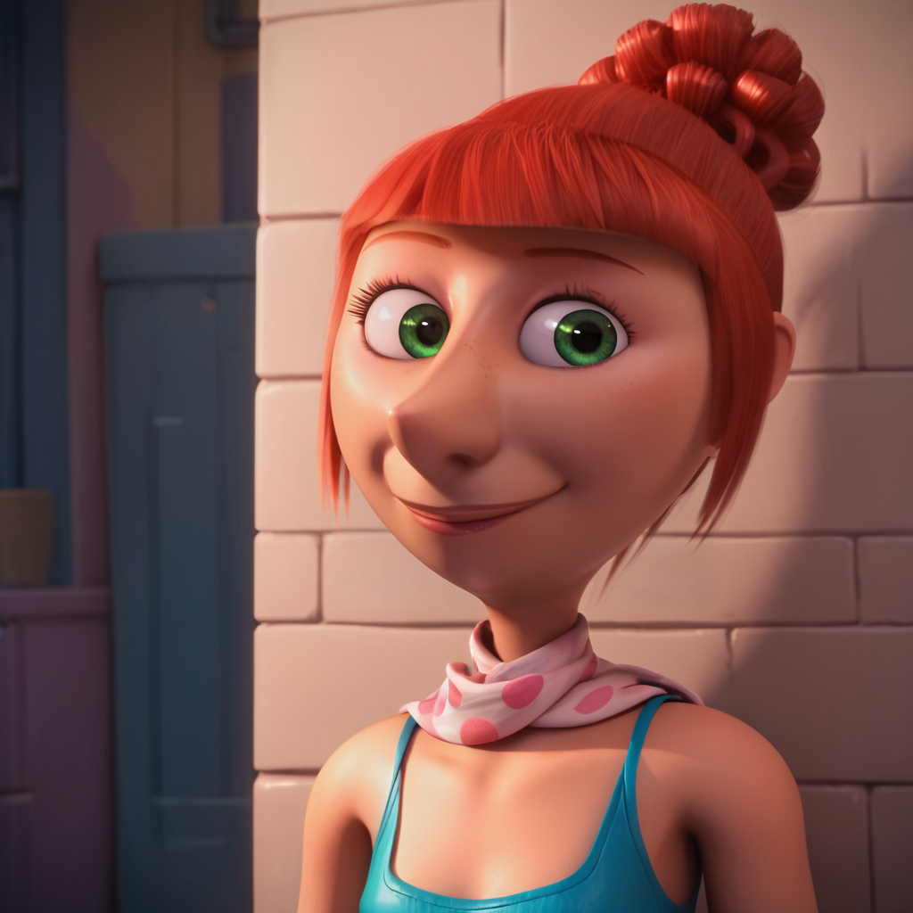 score_9, score_8_up, score_7_up, score_6_up, score_5_up, score_4_up, alley, 3d, <lora:Lucy_Despicable_Me-000007:0.8> , 1girl, lucydm, green eyes, single hair bun, blue dress, scarf, sleeveless, portrait, pointy nose, looking at viewer, light smile, eyelashes, red hair,