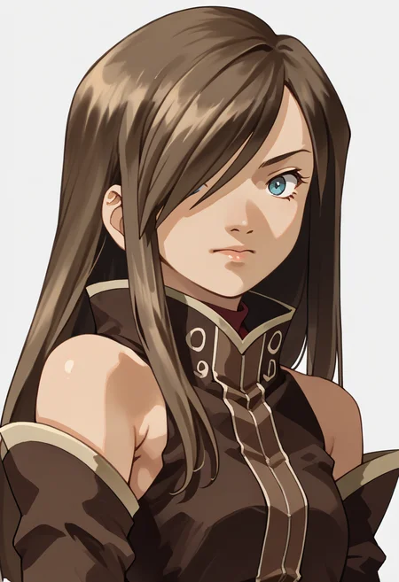 score_9, score_8_up, score_7_up, source_anime, solo, 1girl, 
<lora:zs_SoulHackersPortraitsXL:1> soulhackersportraits, portrait, white background,
 <lora:teargrants-pdxl-nvwls-v1:1> tgrants, brown hair, hair over one eye, brown dress, bare shoulders, detached sleeves,