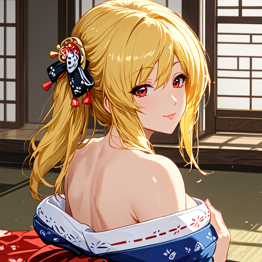 <lora:Expressive_H-000001>,Expressiveh,an evil smile,<lora:changchun.pony:1.2>,changchun.pony,1girl,long hair,japanese clothes,hair bow,side ponytail,hair ornament,kimono,medium breasts,collarbone,yellow hair,red eyes,unilateral horsetail,looking back,