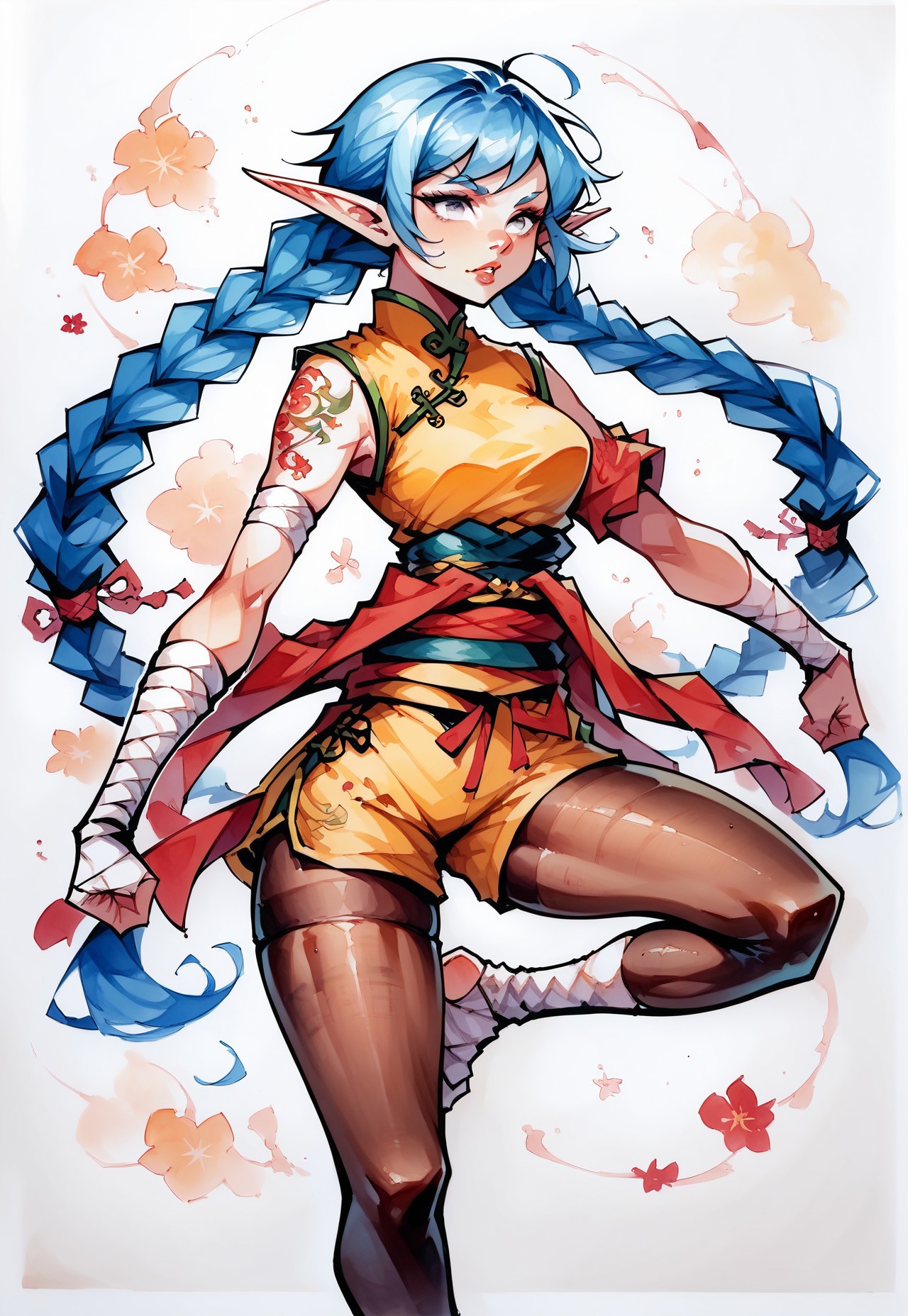 score_9, score_8_up, score_8, score_7_up, white outline, masterpiece, c4m3lt0, cartoon, comic, solo, traditional media,
We1La1, 1girl, elf, martial artist, adult, slender athletic build, pointed ears, cerulean-blue hair, long twin braids, very long braids, silver eyes, dragon-tattoo on arm, acrobat clothes, high waisted shorts, red and blue and gold clothing, chinese clothes, skindentation, tights, pantyhose, long sash around waist, leg wraps, foot wraps, calloused feet,