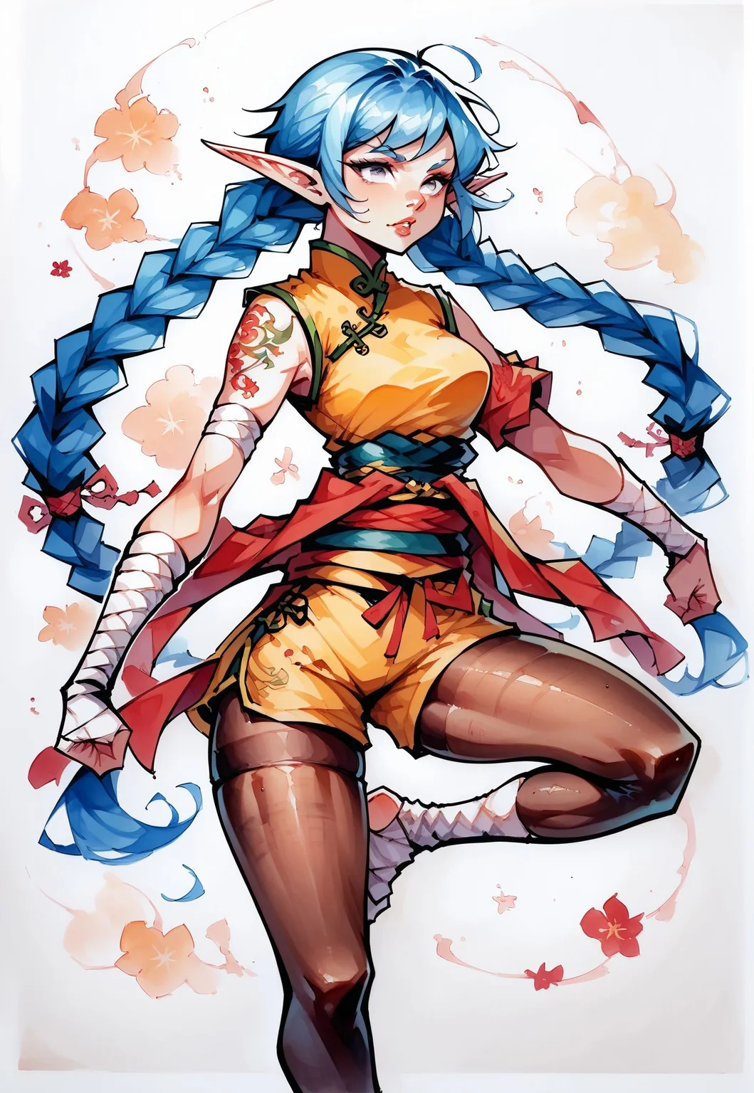 score_9, score_8_up, score_8, score_7_up, white outline, masterpiece, c4m3lt0, cartoon, comic, solo, traditional media,
We1La1, 1girl, elf, martial artist, adult, slender athletic build, pointed ears, cerulean-blue hair, long twin braids, very long braids, silver eyes, dragon-tattoo on arm, acrobat clothes, high waisted shorts, red and blue and gold clothing, chinese clothes, skindentation, tights, pantyhose, long sash around waist, leg wraps, foot wraps, calloused feet,