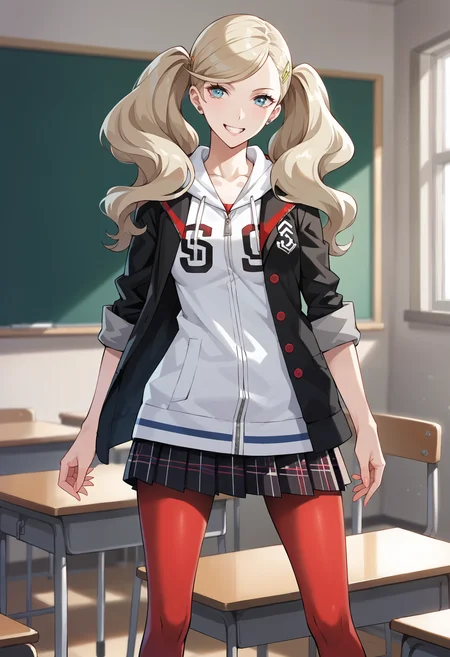 score_9, score_8_up, source_anime
1 girl, solo,
p5ann, takamaki anne, blonde hair, long hair, twintails, swept bangs, hair clip,
p5ann-winuni, jacket, open jacket, hood, pantyhose, red pantyhose, miniskirt, hoodie, hood, hood down, shuujin academy school uniform, sleeves rolled up
classroom, standing, smile, teeth, v, looking at viewer,
masterpiece, best quality, ultra detailed,