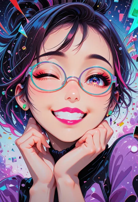 masterpiece, best quality, colorij, neon, glitch art, 1girl, closeup, ((Asian, round face)), glasses, dark hair, neon streaks, short hair, ponytail, sparkling eyes, innocent expression, winking, slight grin, coy, lavender top, emerald stud earrings, maroon lipstick, stylish, heat resting on hands, ((detailed eyes)), suggestive, vibrant background, glitch background, dynamic angle, dynamic pose, abstract