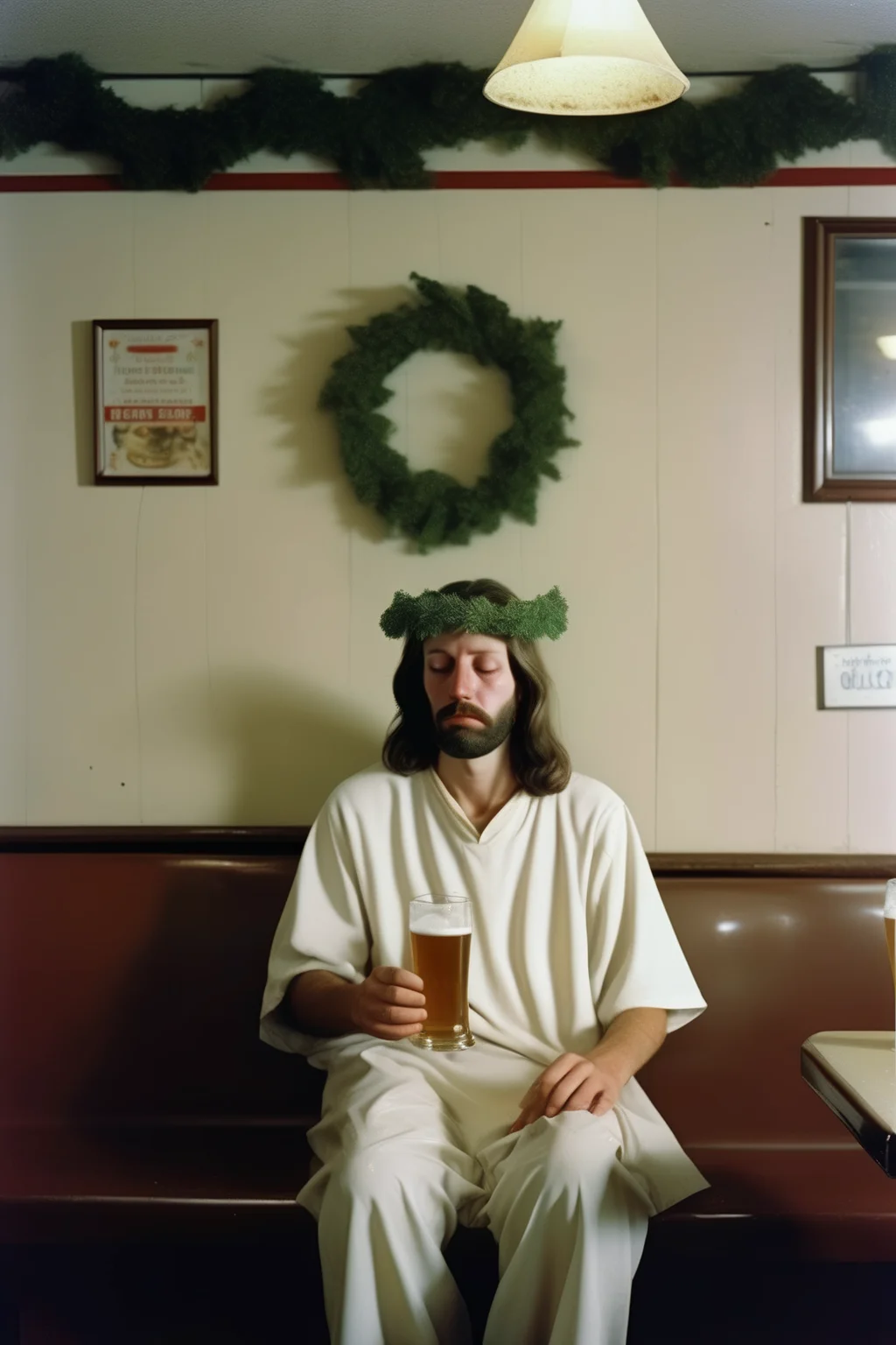 <lora:Alec Soth style:1>Alec Soth style - jesus wearing white tunic, depressed, wreath on head, drinking a beer, uk pub, in the style of william eggleston