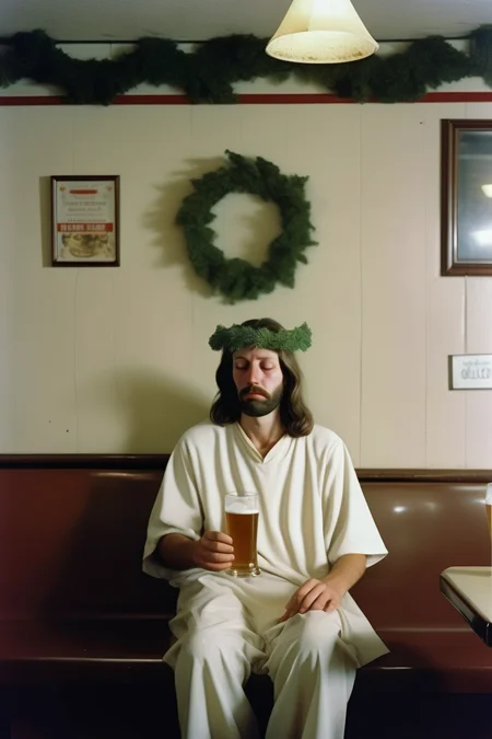 <lora:Alec Soth style:1>Alec Soth style - jesus wearing white tunic, depressed, wreath on head, drinking a beer, uk pub, in the style of william eggleston