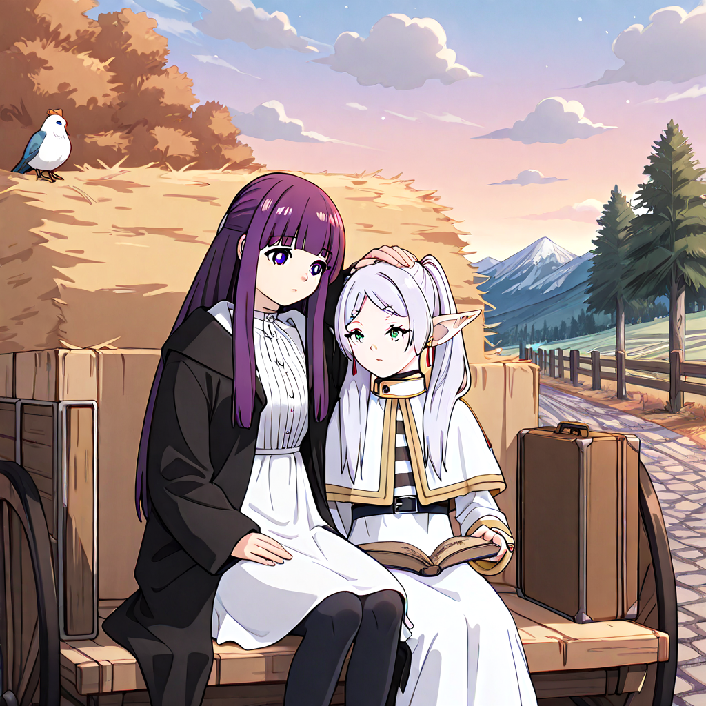 absurdres, sensitive, 2girls, frieren, fern, sitting, hay cart, hay, wagon, elf, grey hair, twintails, capelet, black pantyhose, purple hair, long hair, straight hair, white dress, long sleeves, robe, open book, holding book, suitcase, sky, cloud, tree, rural, fence, mountain, stone road, hand on another's head, headpat, bird, upper body, close-up,  <lora:haycart_ilxl:1>