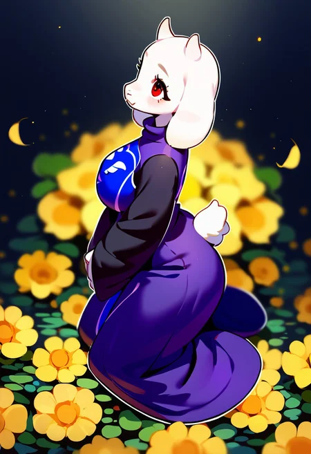 Vivid art style, outline, score_9, score_8_up, score_7_up, source_anime, hi res, masterpiece, extremely detailed, best quality, highres, Lico_PS, very beautiful, cute, toriel, dark tones, volumetric lighting:1.8, yellow flowers, (white fur), classic outfit, ((fluffy face:0.8)), looking up, serene, (((full body:1))), (perfect eyes:1), red eyes, ((from side:1.2)), seated, flowing robes, flowers growing around body,