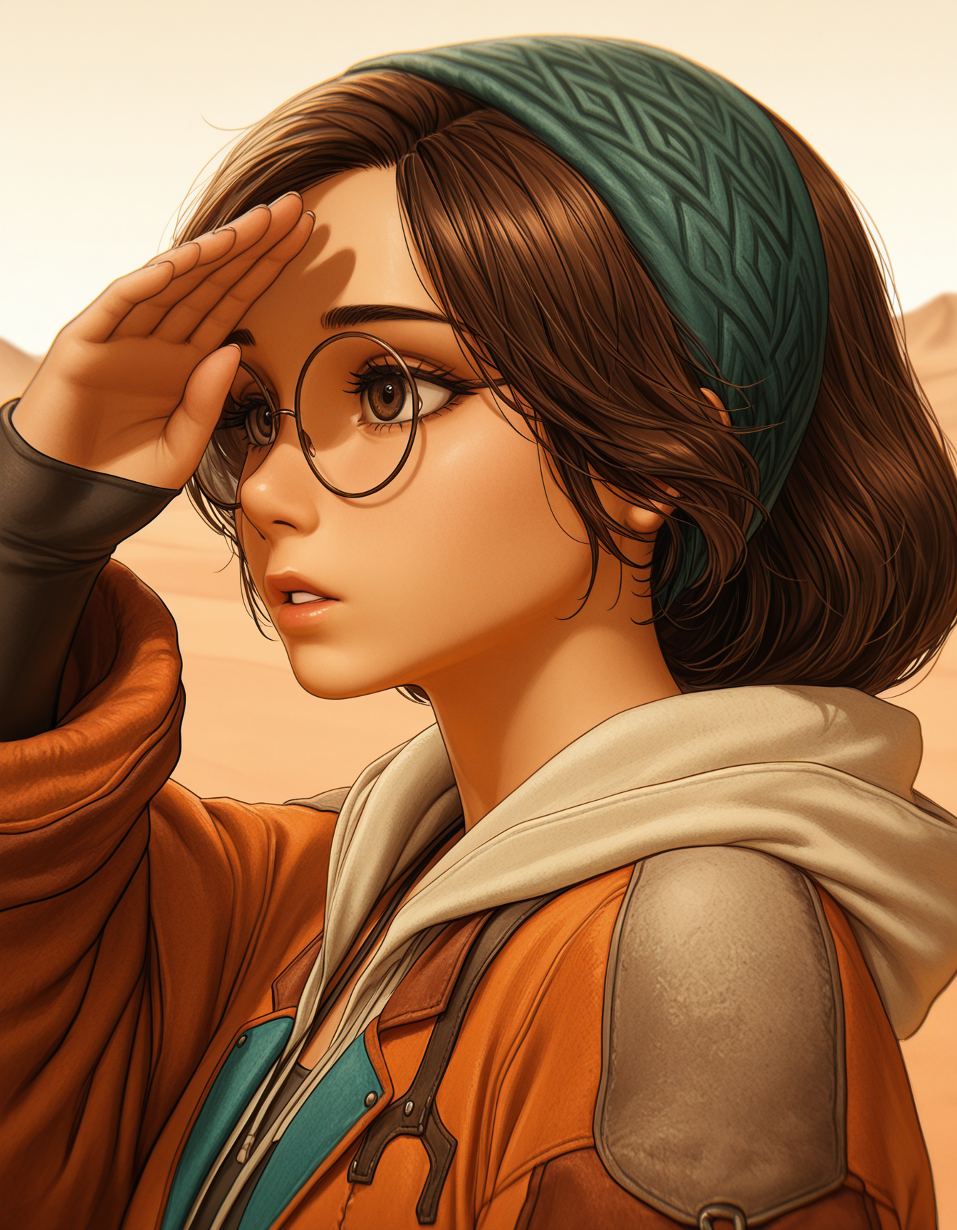 1girl, solo, almaMH, brown hair, hairband, brown eyes, round eyewear, parted lips, Alma_Outfit, orange jacket, sleeves past wrists, (shading eyes:1.2), hand on face, looking away, from side, portrait, depth of field, outdoors, desert, (photorealistic:0.4) <lora:alma_mhwilds_ilxl_v1:0.7>
