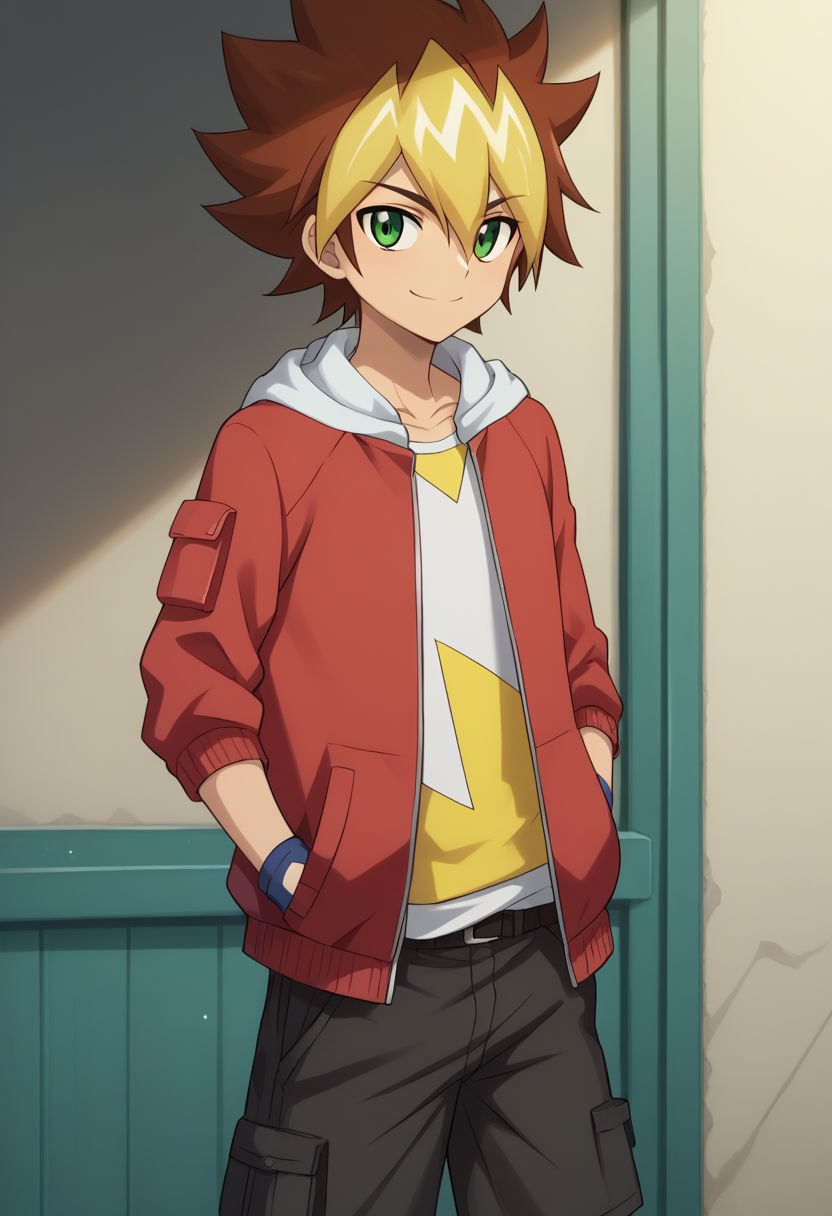 score_9, score_8_up, source_anime, highly detailed, skinny, cute,
yuga, 1boy, male focus, gloves, solo, smile, fingerless gloves, shorts, holding, green eyes, jacket, multicolored hair, hood, shirt, brown hair,
hair between eyes, print shirt, red jacket, hands in pockets,
outdoor, upper body,
