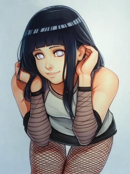 score_9, score_8_up, score_7_up, score_6_up, score_5_up, score_4_up, BREAK source_anime, rating_questionable, by nephlite, hyuuga hinata, naruto (series), 1girl, black hair, purple eyes, closeup, loving smile, leaning forward, fishnets, simple background, marker \(medium\), traditional media <lora:OmarDogantXL:1>