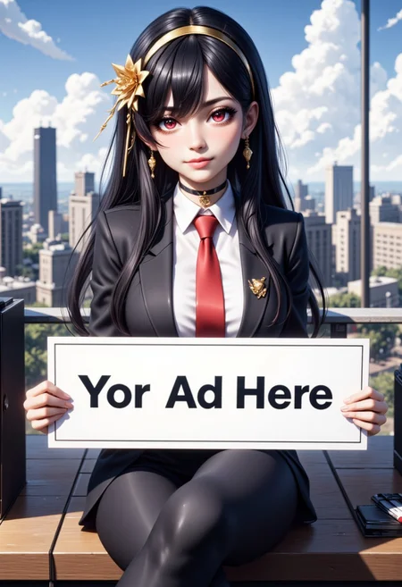 yor briar, 1girl, solo, long hair, business suit, formal,
holding big sign that says "Yor Ad Here",
smile,
(upper body),
red tie, looking at viewer, black hair, hair ornament, red eyes, sitting, flower, sidelocks, hairband, earrings, parted lips, sky, choker, cloud, hair flower, blurry, lips, blurry background, sitting in office, ready to work, red lips, gold earrings, gold hairband,