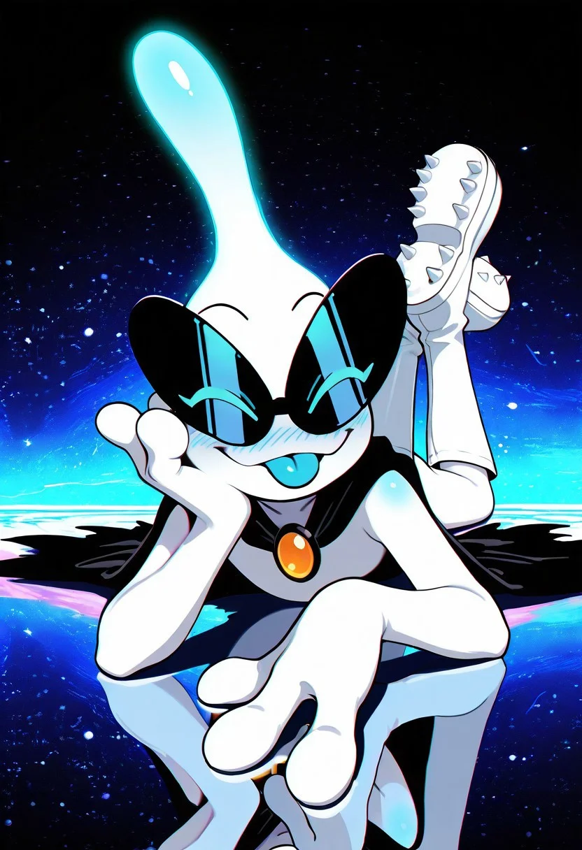 masterpiece, ultra detailed, amazing quality, absurdres, very aesthetic, solo, male focus, 1boy,
orbulon_WW, white skin, alien, 3 fingers, fewer digits, sunglasses, eyes visible through eyewear, closed eyes, looking at viewer, blue eyes, knee boots, white footwear, spiked footwear, brooch, black cape, torn cape, smile, :p, tongue out, blue tongue, slim, full body, (lying:1.1), on stomach, the pose, legs up, arm support, head rest, shoe soles, blush, blue blush, from front,
BREAK
detailed shading, shadow, on ground, WaiIL25PosC, g0th1c, glowing, backlighting, reflection, psychedelic background, galaxy,