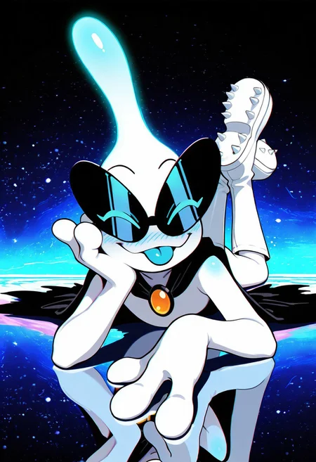 masterpiece, ultra detailed, amazing quality, absurdres, very aesthetic, solo, male focus, 1boy,
orbulon_WW, white skin, alien, 3 fingers, fewer digits, sunglasses, eyes visible through eyewear, closed eyes, looking at viewer, blue eyes, knee boots, white footwear, spiked footwear, brooch, black cape, torn cape, smile, :p, tongue out, blue tongue, slim, full body, (lying:1.1), on stomach, the pose, legs up, arm support, head rest, shoe soles, blush, blue blush, from front,
BREAK
detailed shading, shadow, on ground, WaiIL25PosC, g0th1c, glowing, backlighting, reflection, psychedelic background, galaxy,