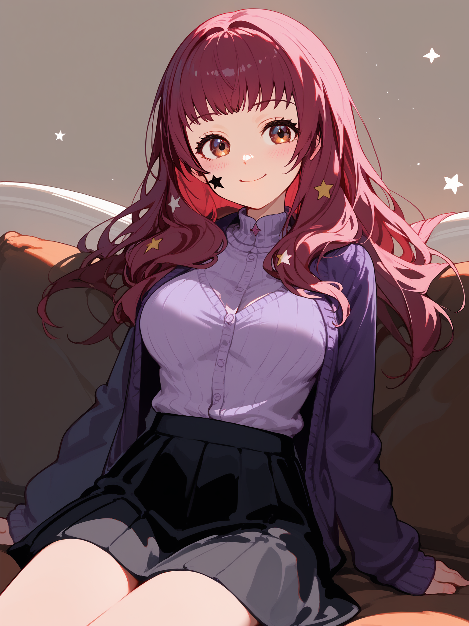 (score_9,score_8_up,score_7_up,), solo, 1girl, casyunaka, long hair, large breasts, long sleeves, white shirt, purple cardigan, open clothes, black skirt, star hair ornament, star facial mark, <lora:YunakaFE-pdxl:1>, detailed background, indoor, sitting on couch, smile, blush, happy