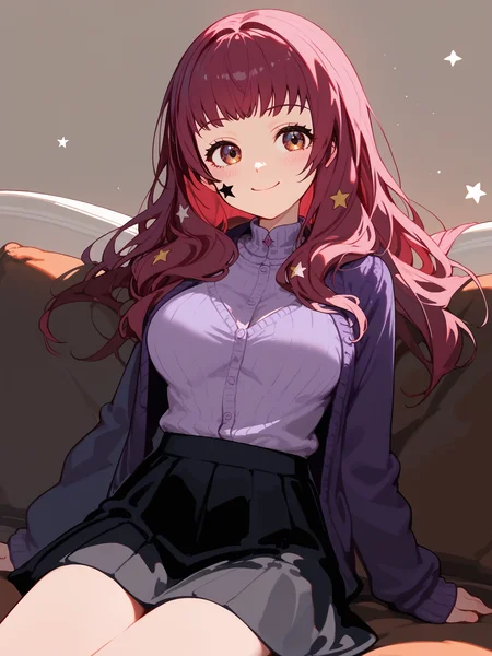 (score_9,score_8_up,score_7_up,), solo, 1girl, casyunaka, long hair, large breasts, long sleeves, white shirt, purple cardigan, open clothes, black skirt, star hair ornament, star facial mark, <lora:YunakaFE-pdxl:1>, detailed background, indoor, sitting on couch, smile, blush, happy