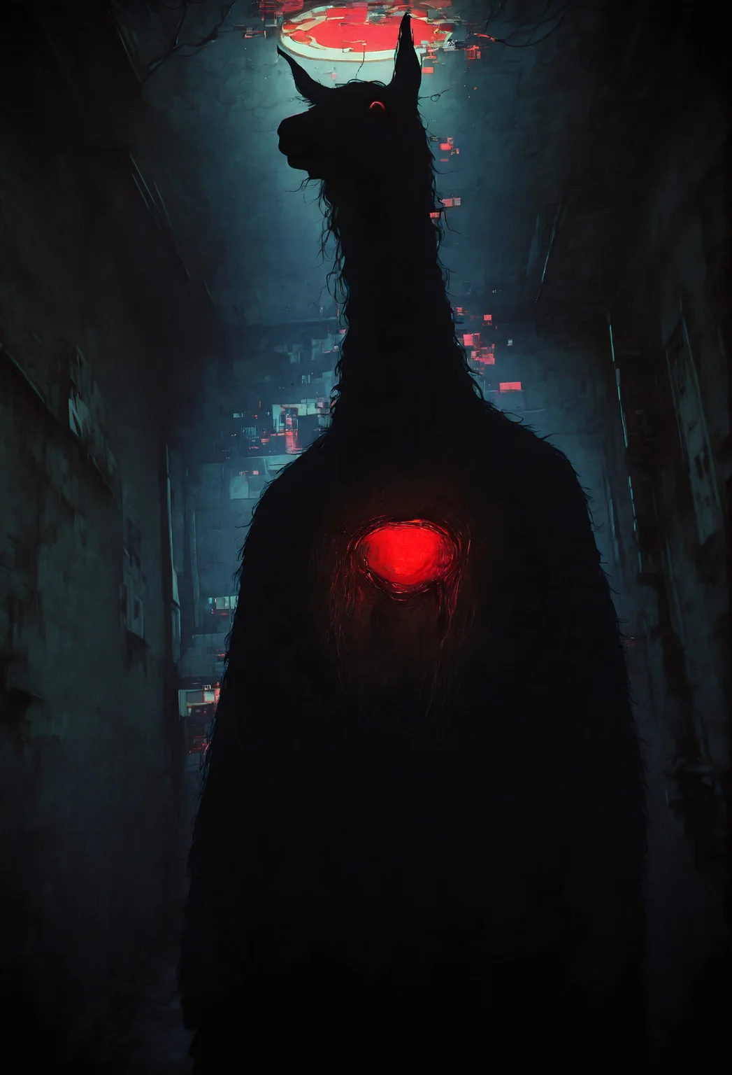 high contrast, masterpiece, best quality, amazing quality, very aesthetic, absurdres, newest, glitch, volumetric light, LeIsT0_illu, 0010011_illu, Dark web, 1boy, mature male, long neck, kemonomimi, llama boy, solo, shadows, melancholy, horror \(theme\), garage, three quarter profile, forced perspective, hole through chest, bright light,