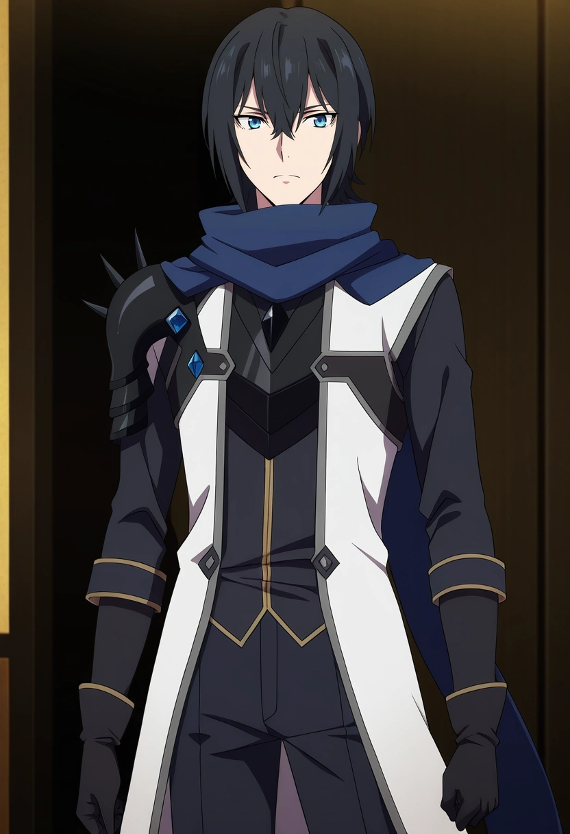 masterpiece, best quality, anime screencap, official style, anime coloring, cowboy shot, 1boy, solo, male focus, <lora:ren_amaki_ilxl:0.98>, ren_amaki, black hair, blue eyes, hair between eyes, blue scarf, black shirt, armor, black gloves,