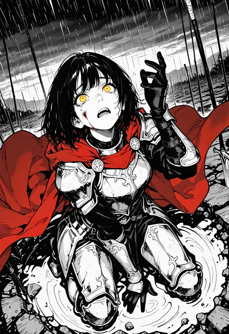 1girl, scared panic, dispair, anguish, tearing up, bruised, bleeding, defeated, dimly glowing eyes, yellow eyes, 
black bob cut, face focus, singed hair,
heavy dark armor, knight, tattered red cape, battle-worn, damaged armor, scratched, bruises, torn clothed, tattered, worn-out, 
kneeling, face focus, low angle, 
hand up,
rain, rainy, looking up, reaching up,
spot color,
battlefield background,
dutch angle, 
windy, flowing cape, flowing hair, epic, cinematic, line art,
dotcomics, monochrome, v2.0, <lora:Dot_Comics:1>, masterpiece, best_quality, amazing_quality, very_aesthetic, 8k, high_quality, highres, absurdres, subject_focus,, detailed eyes, perfect eyes, realistic eyes,