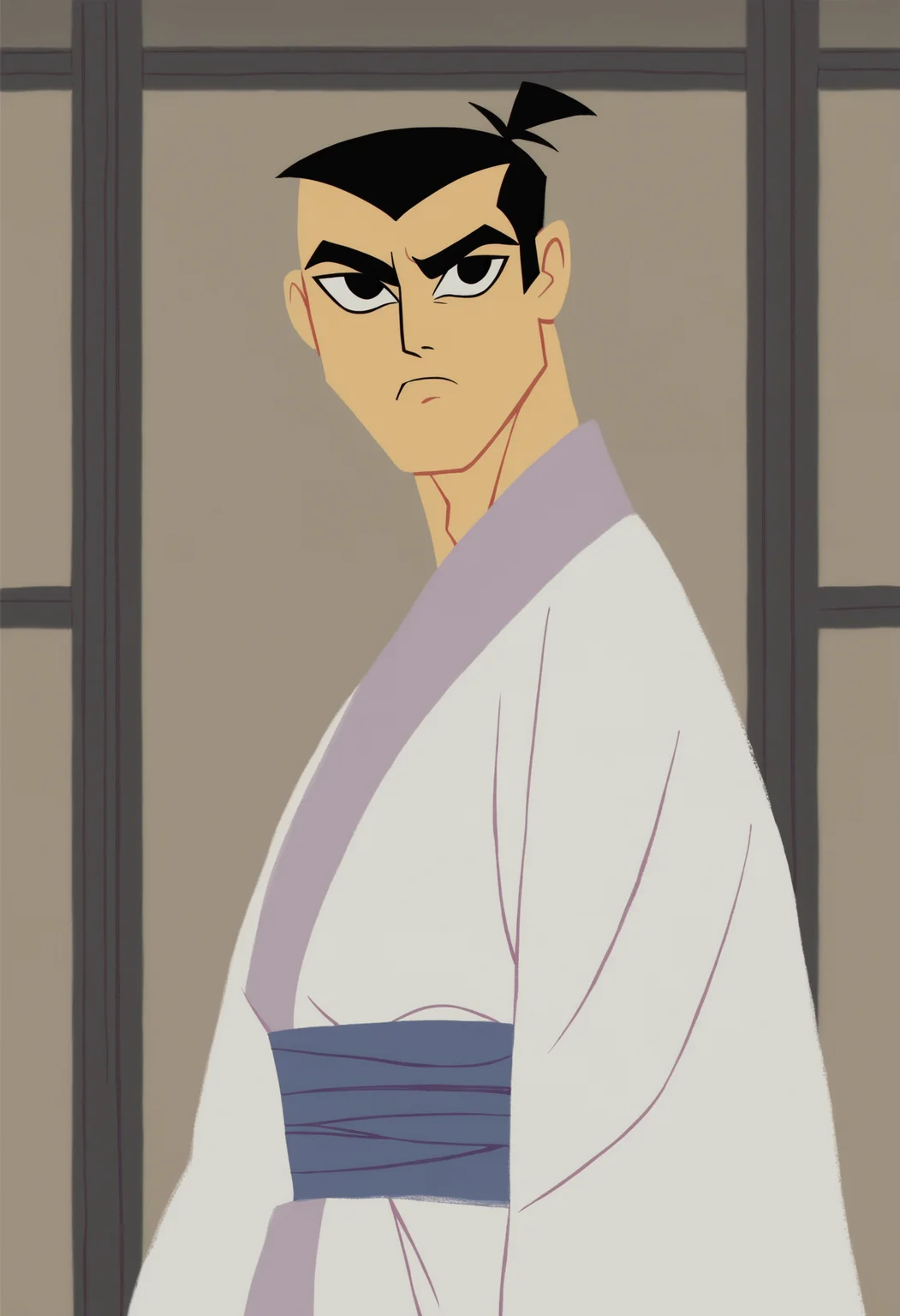 score_9, score_8_up, score_7_up, score_6_up, 1boy, samurai jack, white kimono, solo, black hair, 1boy, male focus, black eyes, looking at viewer, upper body, indoors, japanese male, serious, standing, no lineart, flat color, retro artstyle, <lora:samurai_jack:1>