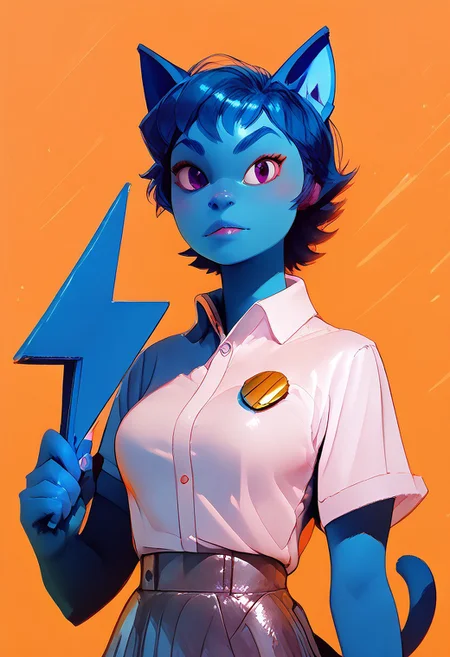 score_9, score_8_up, score_7_up, masterpiece, realistic, detailed, ultra sharpe, establishing shot,
1girl, nicole, blue short hair, blue cat ears, blue athletic body, purple eyes, tail, white shirt, grey skirt, colored badge, blue buzz, (holding blue buzz:1.3),
portrait, abstract yellow background,