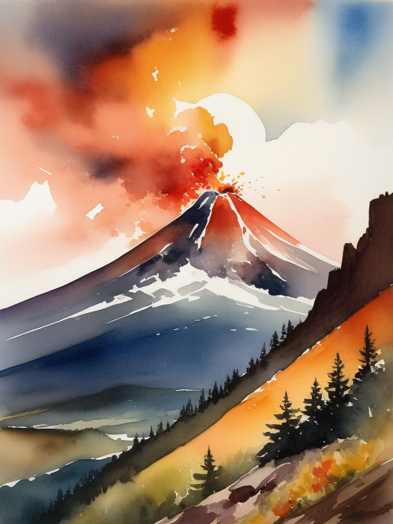 <lora:09WatercolorPainting_Hap_XL:1.6>,Winslow Homer style, watercolor painting, watercolor, oil painting,watercolor oil painting, cinematic, movie poster, flat colors, warm colors, SauronsTower, eye focus, big eye, cloud, cloudy sky, mountain range, volcano,