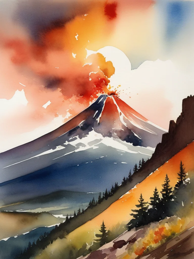 <lora:09WatercolorPainting_Hap_XL:1.6>,Winslow Homer style, watercolor painting, watercolor, oil painting,watercolor oil painting, cinematic, movie poster, flat colors, warm colors, SauronsTower, eye focus, big eye, cloud, cloudy sky, mountain range, volcano,
