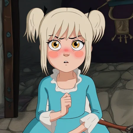 margo, 1girl, yellow eyes, blonde hair, short hair, blue dress, white collar, twintails, long sleeves, blunt bangs, blush, blush patches,