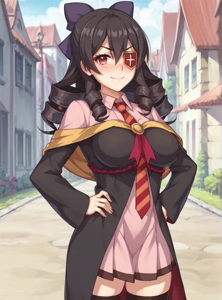 score_9, score_8_up, score_7_up, score_6_up, score_5_up, score_4_up, source_anime, anime screencap, <lora:ArueKonosuba:0.8>aruekonosuba, 1girl, solo, eyepatch, red eyes, breasts, necktie, large breasts, long hair, bow, black hair, drill hair, thighhighs, nose blush, standing smirk,