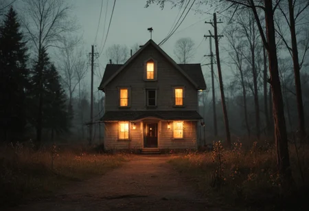 Film Photography, grainy film, 35mm, nostalgic, midwest, glowing, realistic, cinematic shot, outside, haunted, eerie, misty, fluorescent, depth of field, old red vintage house, power lines, fluorescent, dense forest, light and shadow, crop field, night, low light, orange glowing window, small town, wild flowers,
surreal,
score_9, score_8_up, score_7_up, FOV close up,
