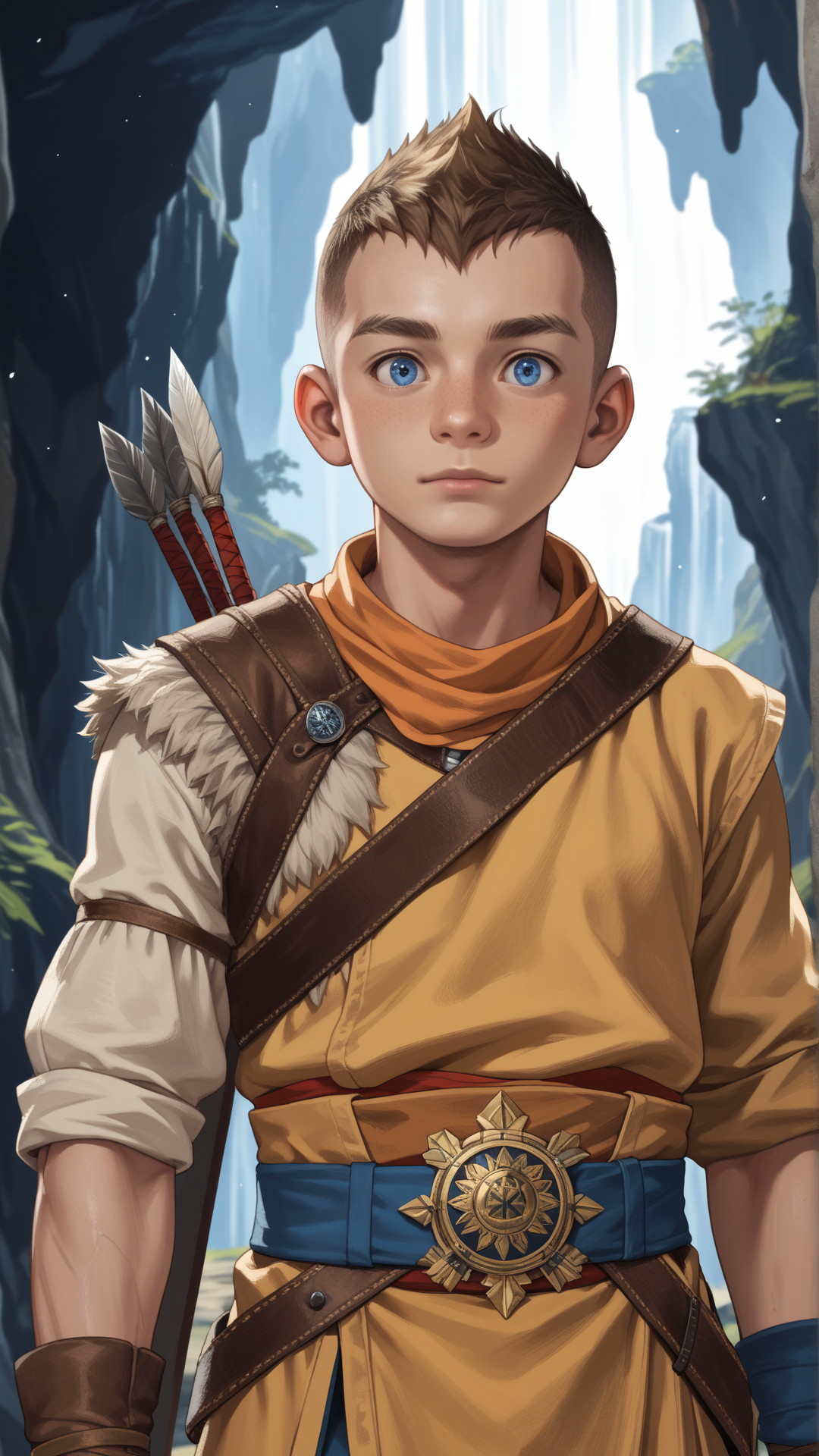score_9, score_8_up, score_7_up, score_6_up, score_5_up, score_4_up, rating_safe, source_anime, anime style cartoon, source_cartoon, <lora:GoWRAtreusPDXL:1>GoWRAtreus, 12 y-o young boy, solo,  (Learning a new language:1.5) in a living cave location.
Blue eyes and short brown buzzcut. GoWRAtreus is wearing a (yellow:0.5) tunic with leather details. Belts and straps crossing his body. (His waistcloth is red and blue:1.4). GoWRAtreus is wearing brown leather boots. His right arm is bare and has a tattoo. GoWRAtreus expression is Surprised, Wide-open eyes, a raised brow, and an open mouth..