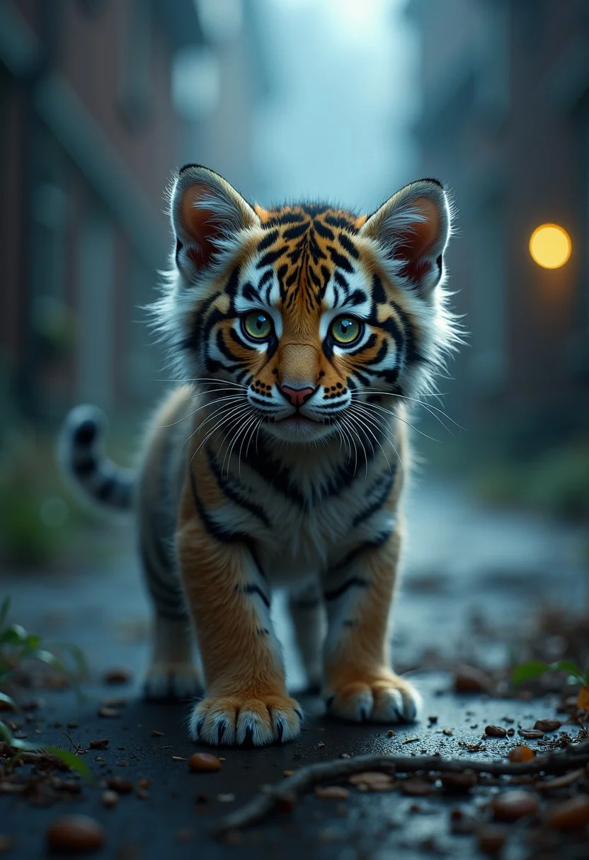 (masterpiece), best quality, expressive eyes, perfect face
In a quiet, moonlit alley, a tiny kitten with soft, gray fur and curious green eyes prowled. Suddenly, a mysterious puff of smoke enveloped the kitten, swirling with an ethereal glow. As the smoke dissipated, the kitten began to grow, its fur darkening and thickening into majestic stripes. Its paws expanded, claws extending with a powerful grace. The once small, delicate whiskers transformed into long, regal whiskers that twitched with newfound strength. The kitten's eyes, now a fierce amber, gleamed with the wisdom and ferocity of a tiger. Muscles rippled beneath its sleek coat as it stood tall, a magnificent tiger where a tiny kitten once was. The transformation complete, the tiger let out a mighty roar, echoing through the night, a testament to its newfound power and majesty. The alley, once a playground for a kitten, now belonged to a tiger.